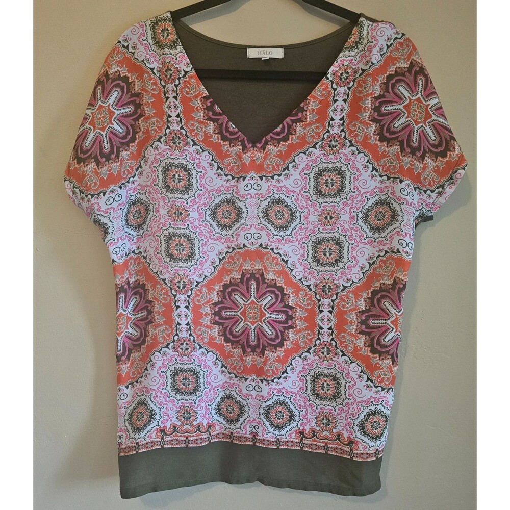 Halo Top Womens Med Green boho Neck, Short Sleeves Pullover, casual, concert